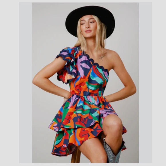 PEACE LOVE CALIFORNIA ADDIE ABSTRACT ONE SHOULDER TIERED MULTICOLOR MINI DRESS - Picture 6 of 16